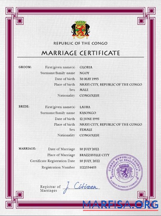 Downloadable Congo, Republic of the marriage certificate PSD template